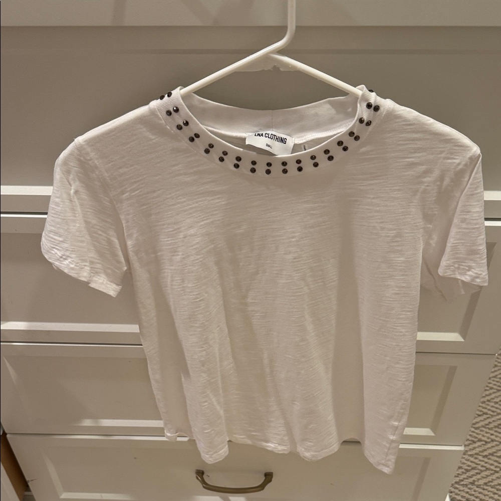 LNA Women's White Short Sleeve Studded Crewneck Tee